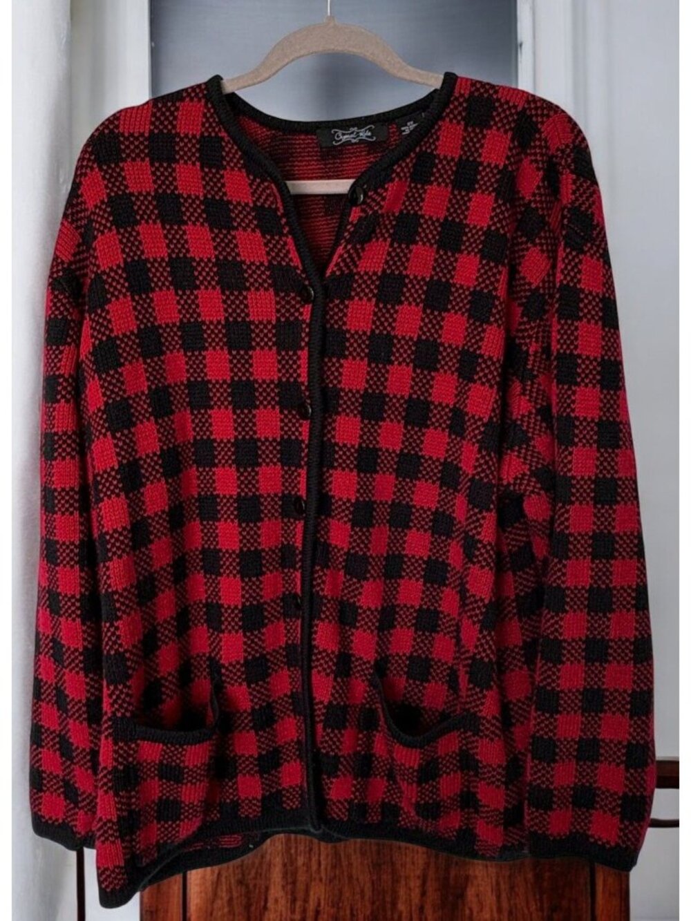 Crystal Kobe Plaid Cardigan Sweater Womens Size 2X Red & Black Preppy 90s